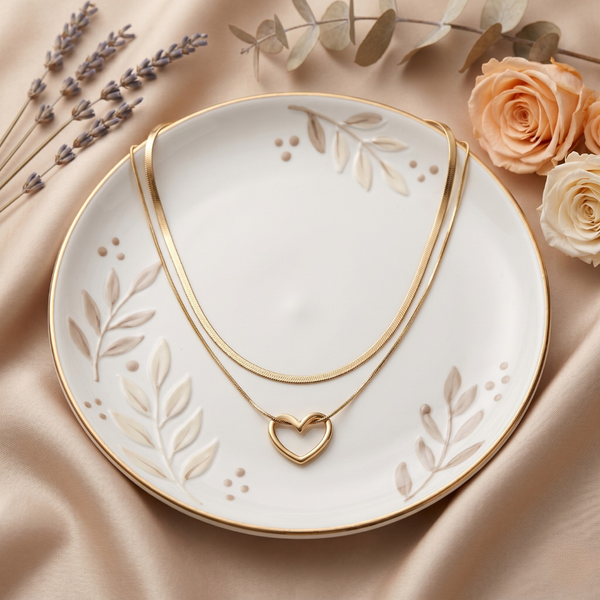 Layered Heart Double Chain Necklace β Gold Tone Anti Tarnish Necklace