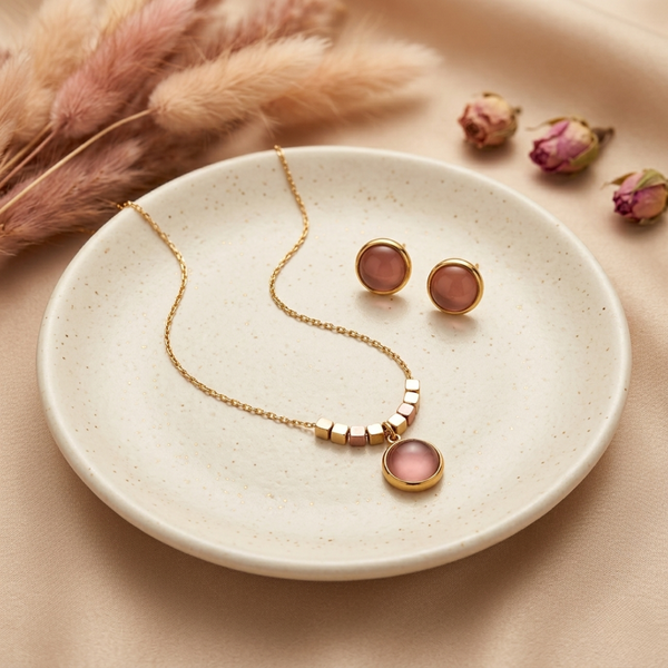 Blush Glow Pink Pendant & Stud Set β Gold Tone Anti Tarnish