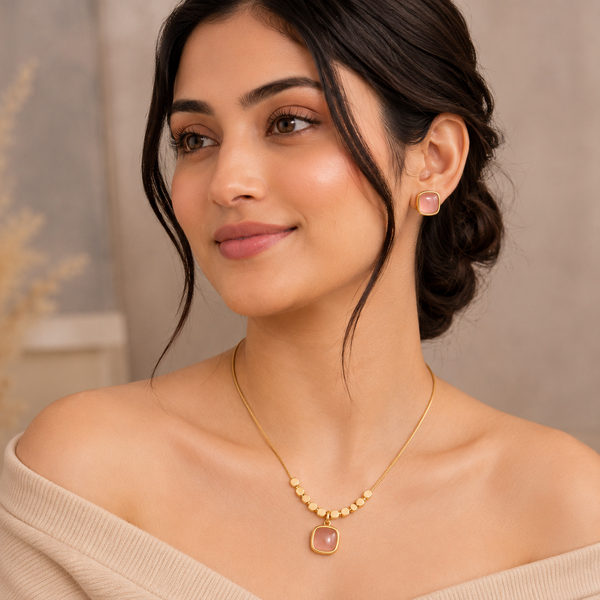 Blush Glow Cushion Pendant & Earrings Set – Anti Tarnish Gold Pink