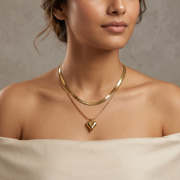 Puffy Heart Layered Necklace Set – Anti Tarnish Gold