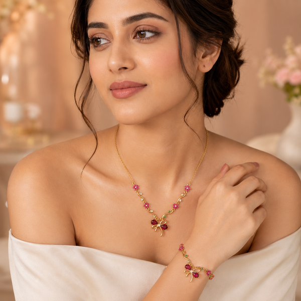 Ruby Ribbon Blossom Necklace & Bracelet Set – Anti Tarnish Gold Edition