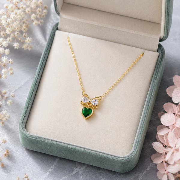 Emerald Bow Heart Necklace – Anti Tarnish Gold