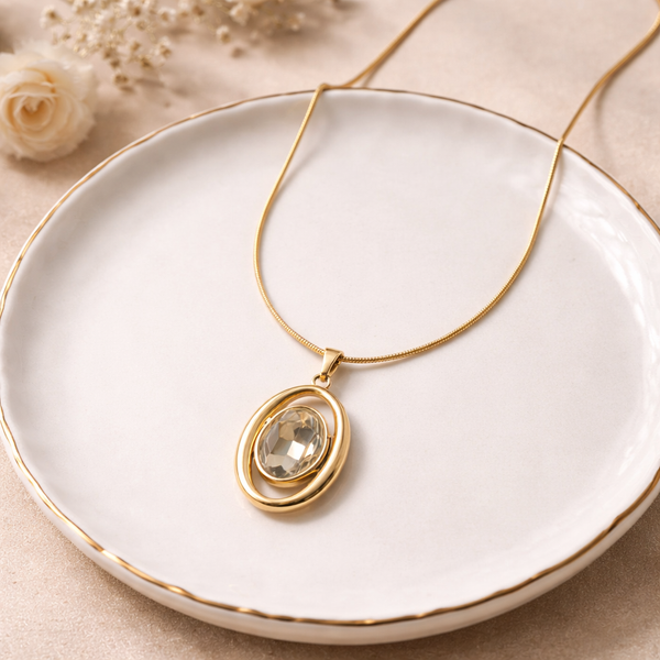 Aveline Oval Crystal Pendant Necklace – Anti Tarnish Gold Statement Necklace
