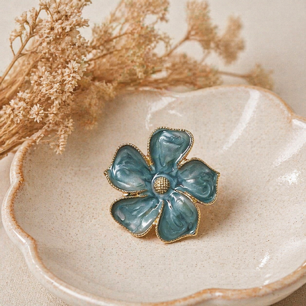 Aurelia Blue Flower Bloom Statement Ring – Anti Tarnish Gold Adjustable Ring