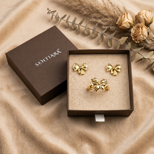 Golden Bow Gift Set with Box – Anti Tarnish Earrings & Ring