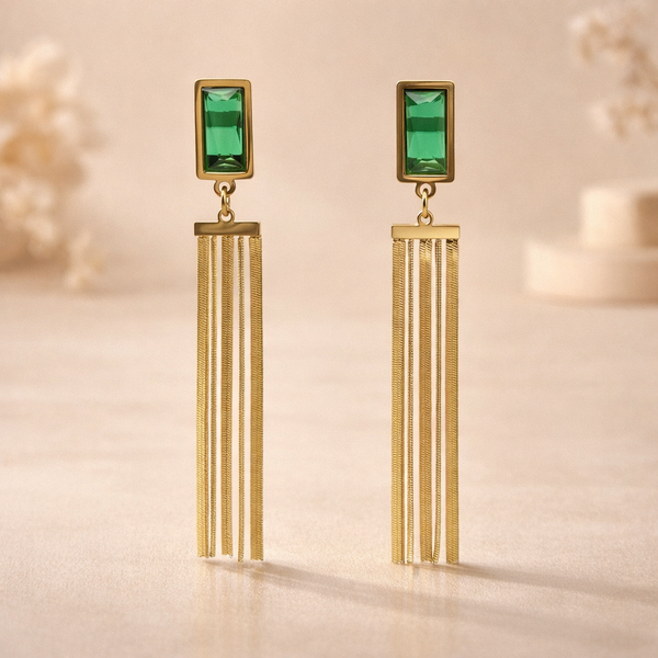Emerald Bar Chain Drop Earrings for Women β Anti-Tarnish Gold