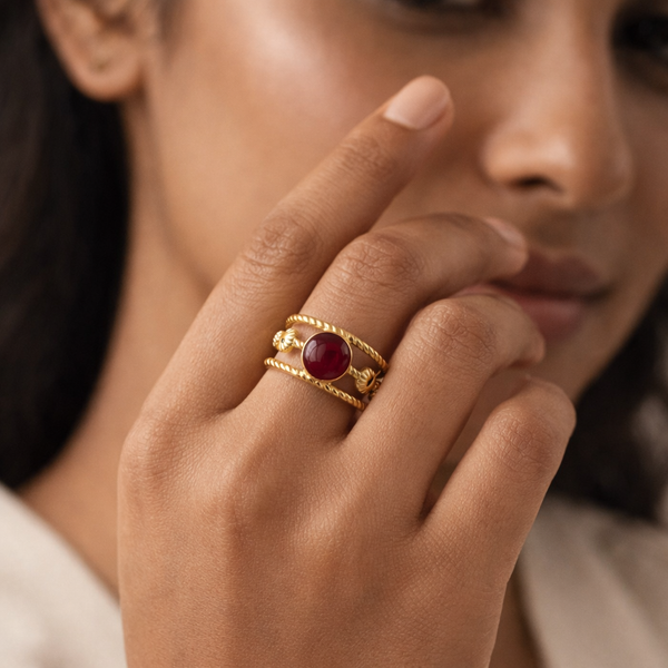 Carnelian Rope Triple Band Ring – Anti Tarnish Gold
