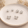 Butterfly & Floral Stud Earrings Set – Anti Tarnish Silver Combo (Set of 3)