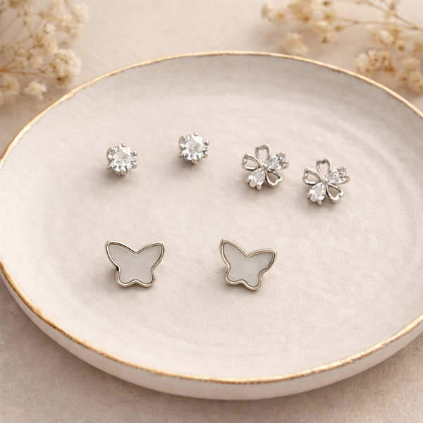 Butterfly & Floral Stud Earrings Set – Anti Tarnish Silver Combo (Set of 3)