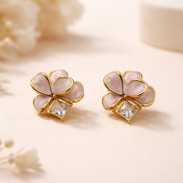 Blush Pink Clover Crystal Stud Earrings – Anti Tarnish Gold