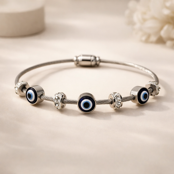 Evil Eye Wire Bangle – Anti-Tarnish Silver