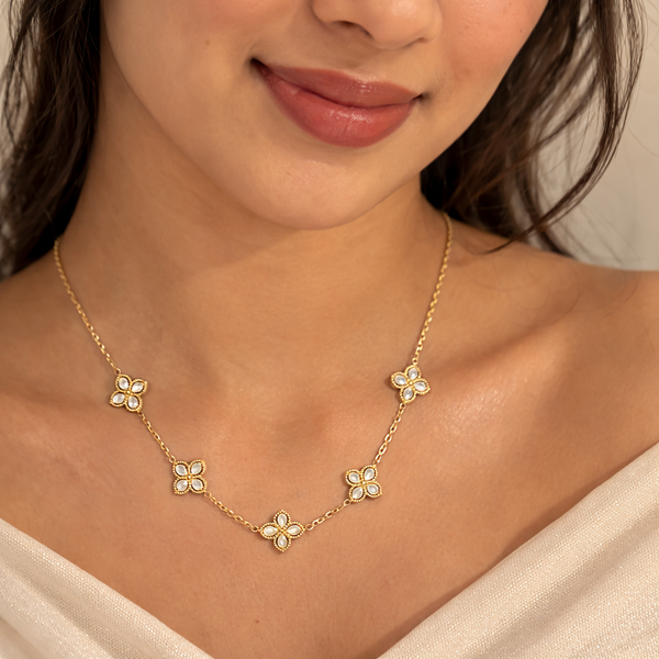 Lumiere Pearl Clover Station Necklace – Anti-Tarnish Gold