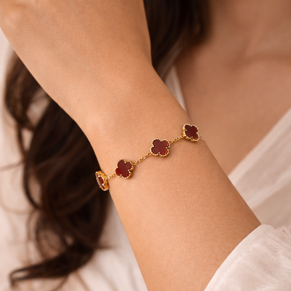 Red Carnelian Clover Station Bracelet – Anti-Tarnish Gold