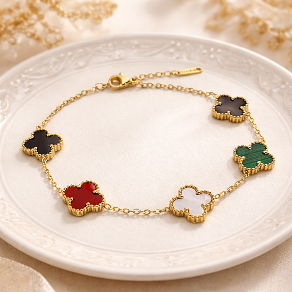 Five Clover Multi Stone Bracelet – Anti-Tarnish Gold