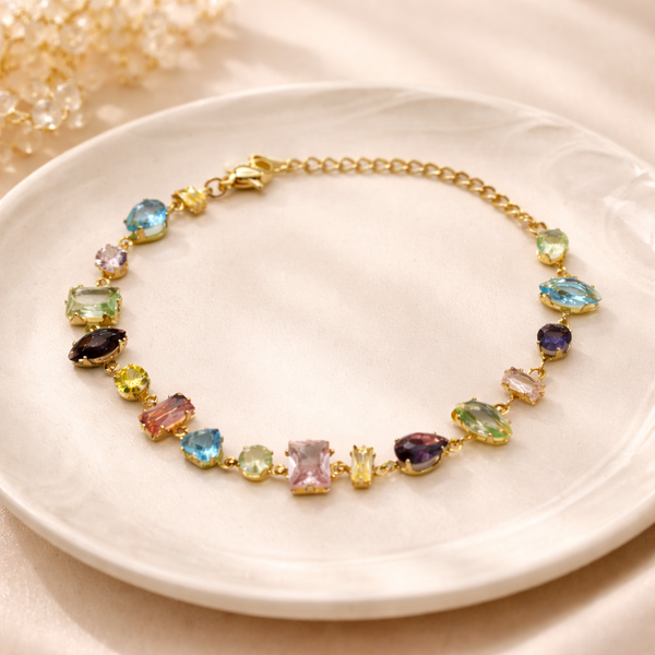Multicolour Crystal Tennis Bracelet – Anti-Tarnish Gold