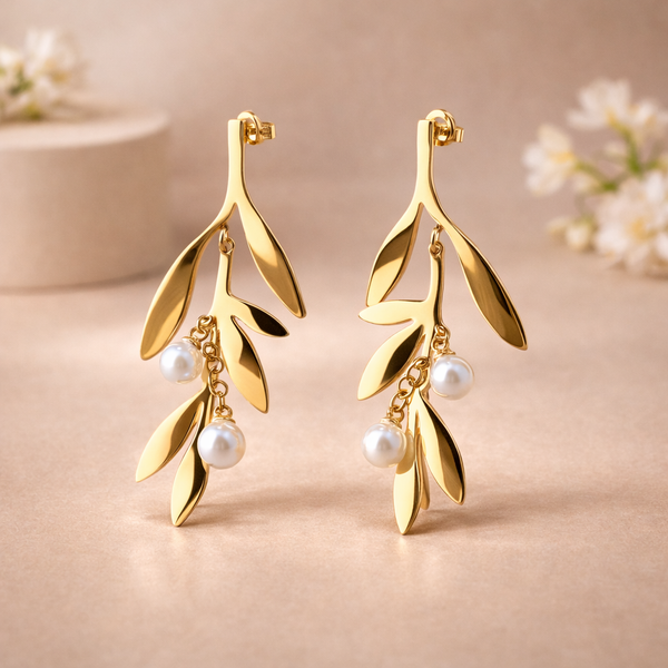 Gold Leaf Pearl Drop Earrings for Women β Anti-Tarnish Gold