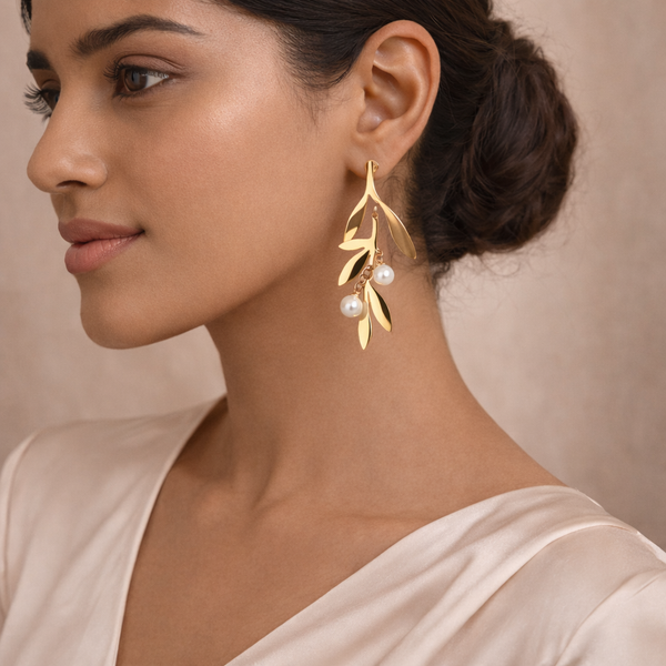 Gold Leaf Pearl Drop Earrings for Women β Anti-Tarnish Gold