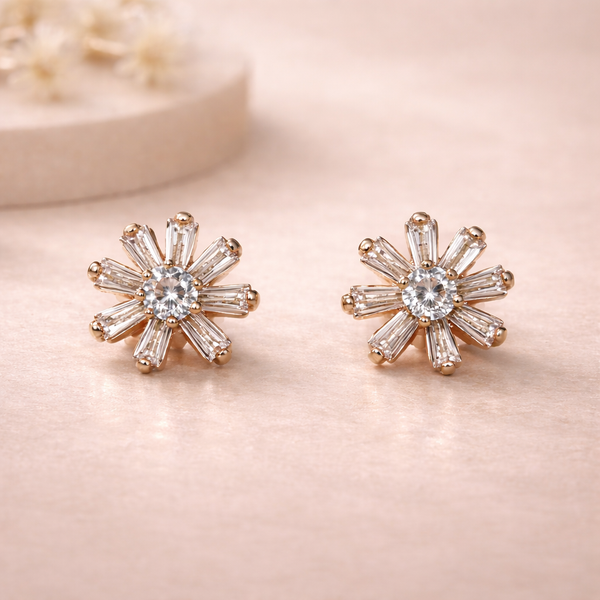 Daisy Baguette Stud Earrings – Anti-Tarnish Rose Gold