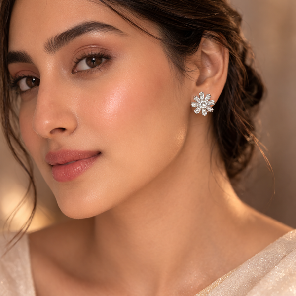 Daisy Baguette Stud Earrings – Anti-Tarnish Silver