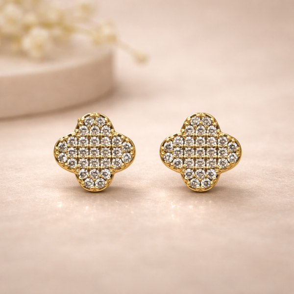 Clover Pave Crystal Stud Earrings – Anti-Tarnish Gold