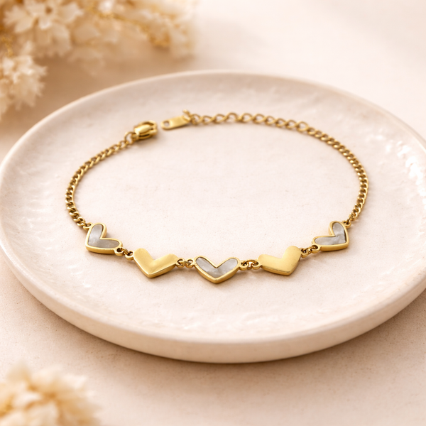 Pearl Heart Link Bracelet – Anti-Tarnish Gold