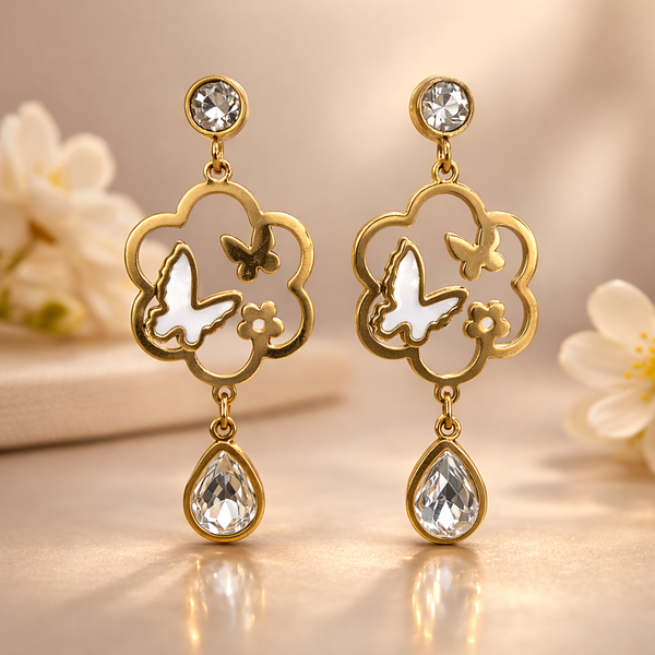 Butterfly Bloom Crystal Drop Earrings for Women β Anti-Tarnish Gold