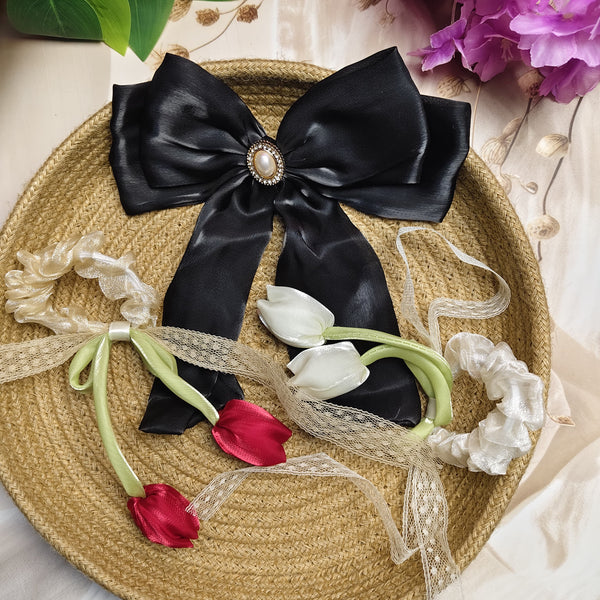 The Tulip Set - Pearl Bow Clip & Organza Tulip Scrunchie Combo