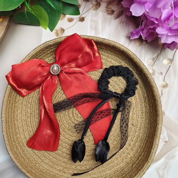 The Belle Set - Pearl Bow Hair Clip & Lace Scrunchie Combo