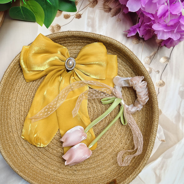 The Belle Set - Pearl Bow Hair Clip & Lace Scrunchie Combo