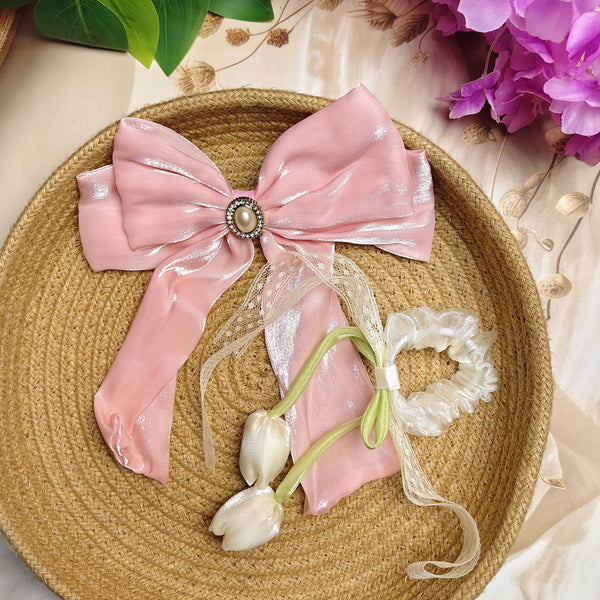 The Belle Set - Pearl Bow Hair Clip & Lace Scrunchie Combo