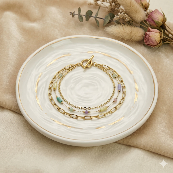 Pastel Stone Layered Bracelet Set – Anti-Tarnish Gold