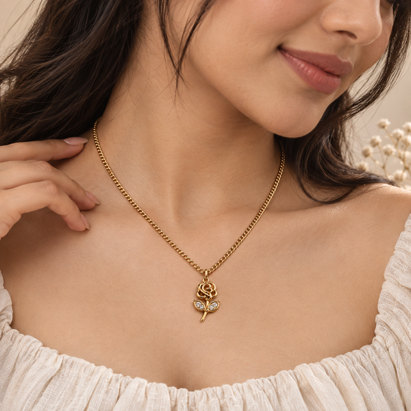 Golden Floral Rose Pendant Necklace – Anti Tarnish Gold