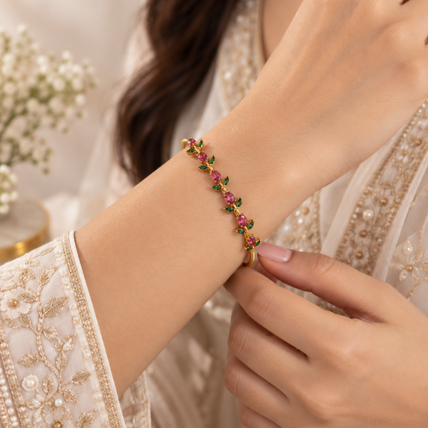 Golden Pink Tulip Floral Bangle – Anti Tarnish Gold