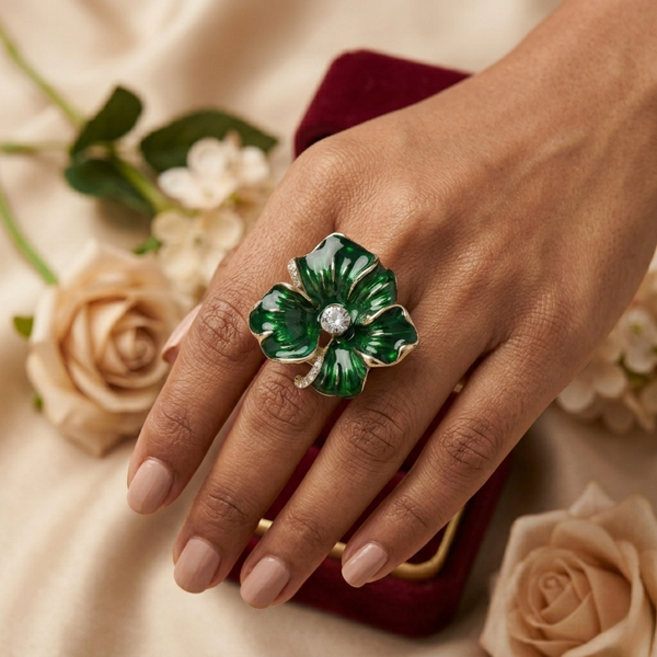 Eden Green Flower Enamel Ring – Anti-Tarnish Gold