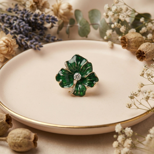 Eden Green Flower Enamel Ring – Anti-Tarnish Gold