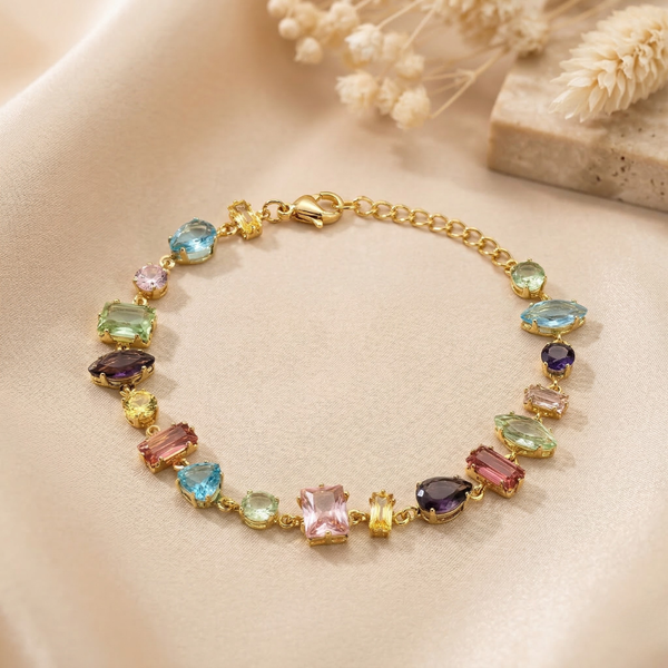 Multicolour Crystal Tennis Bracelet – Anti-Tarnish Gold