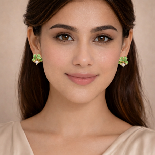 Green Clover Crystal Stud Earrings – Anti Tarnish Gold