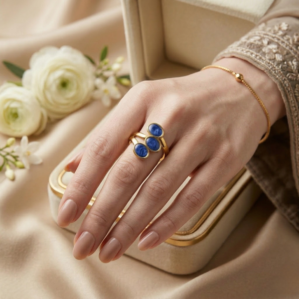 Azure Trio Stone Ring – Anti Tarnish Gold Adjustable