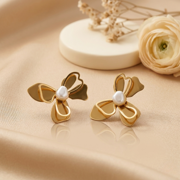 Golden Petal Pearl Stud Earrings for Women β Anti-Tarnish Gold