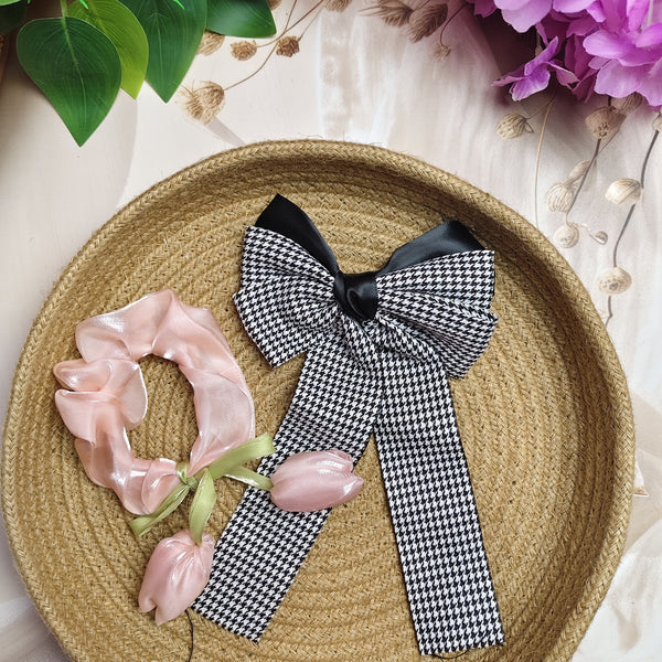 Houndstooth Bow Hair Clip & Scrunchie Combo – Pack of 2
