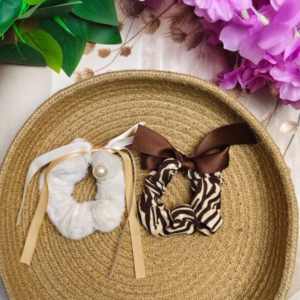 Fur & Bow Scrunchies Combo Set (Pack of 2) – Pearl Plush Hair Ties with Printed Bow