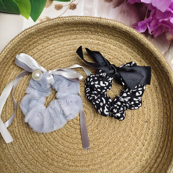Fur & Bow Scrunchies Combo Set (Pack of 2) – Pearl Plush Hair Ties with Printed Bow