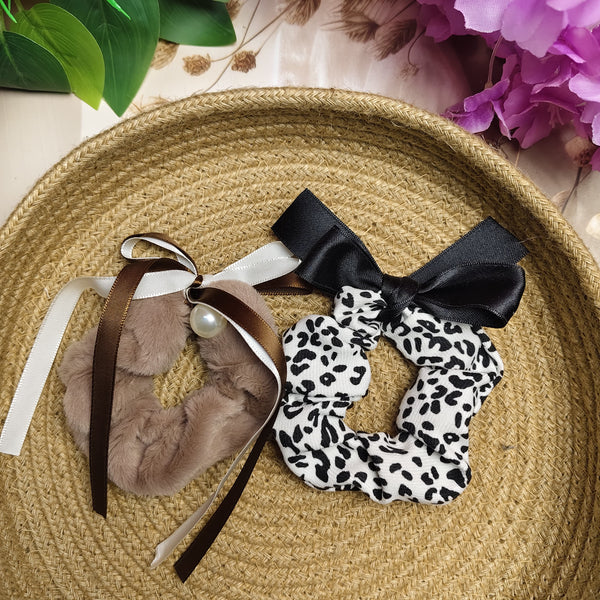 Fur & Bow Scrunchies Combo Set (Pack of 2) – Pearl Plush Hair Ties with Printed Bow