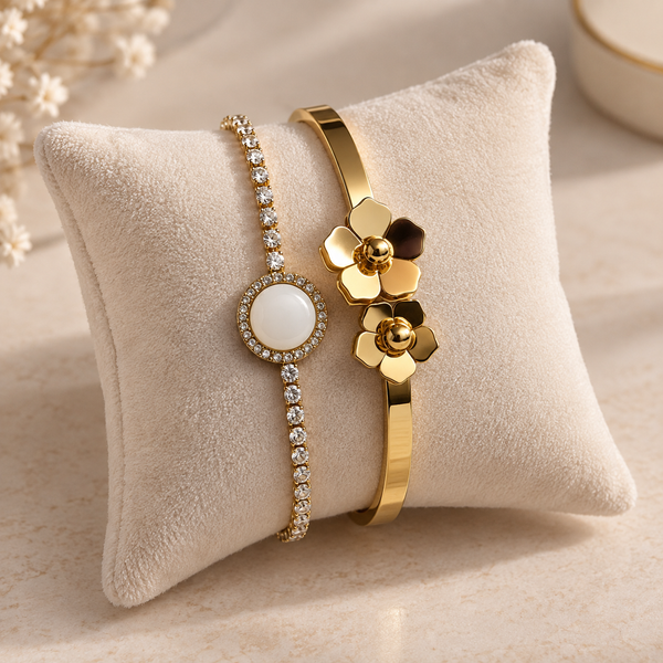 Floral Crystal Bracelet Stack – 2 Piece Anti Tarnish Set