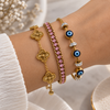 Pink Crystal, Evil Eye & Clover Bracelet Stack – 3 Piece Anti Tarnish Set