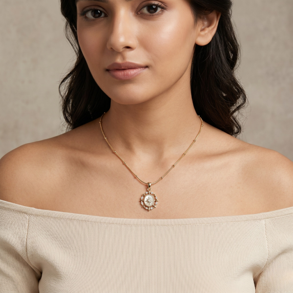 Celestia Compass Pendant Necklace – White & Gold Tone Anti Tarnish Necklace