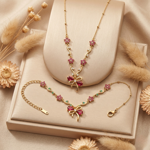 Ruby Ribbon Blossom Necklace & Bracelet Set – Anti Tarnish Gold Edition