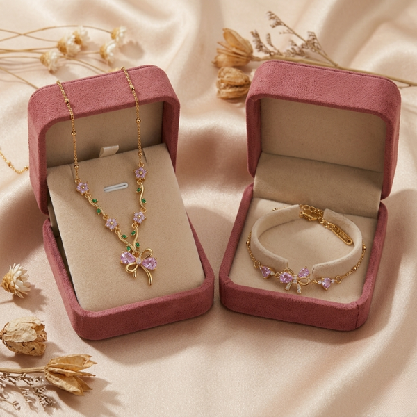 Blush Bow Blossom Necklace & Bracelet Set – Anti Tarnish Gold