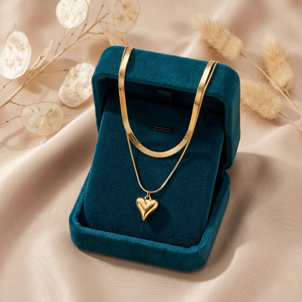 Puffy Heart Layered Necklace Set – Anti Tarnish Gold