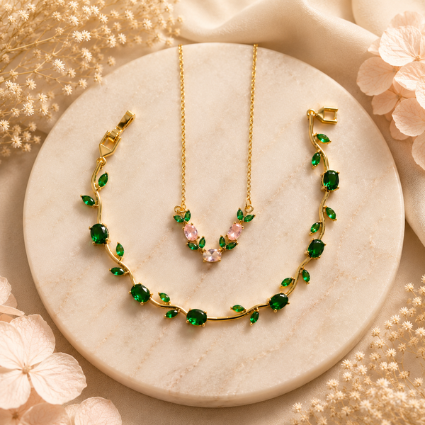 Emerald Green Tulip Bloom Jewellery Combo – Anti Tarnish Necklace & Bracelet Set